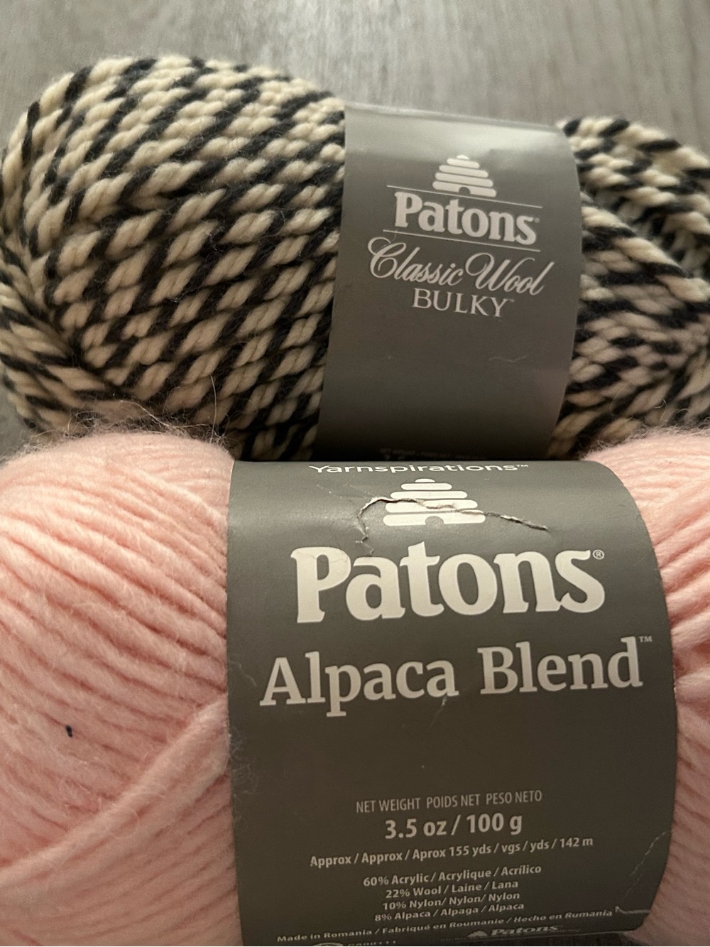 Patons Alpaca Blend & Classic Wool Bulky Yarn - Pink and Black/Cream Twist